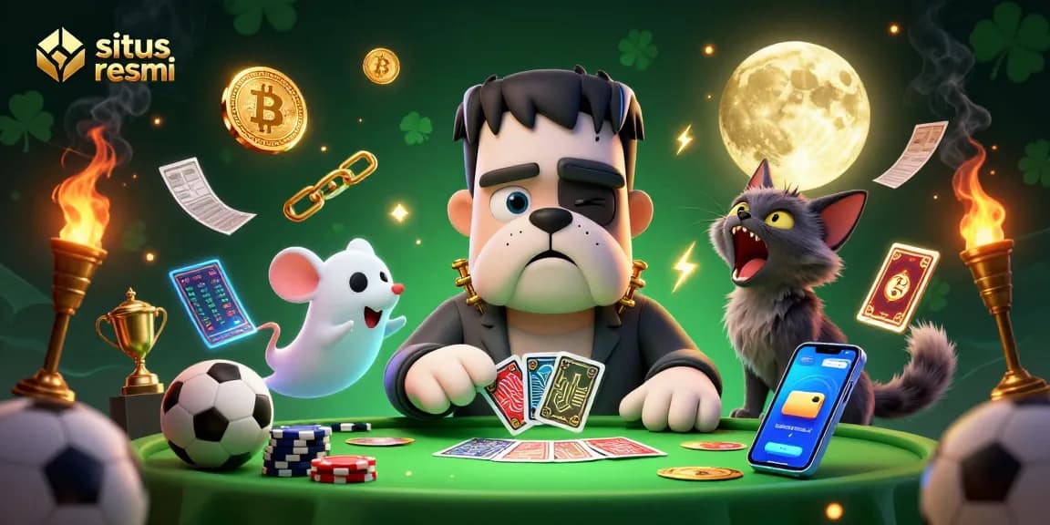 Experience situs resmi sports betting with lively characters and dynamic casino elements in this engaging illustration.