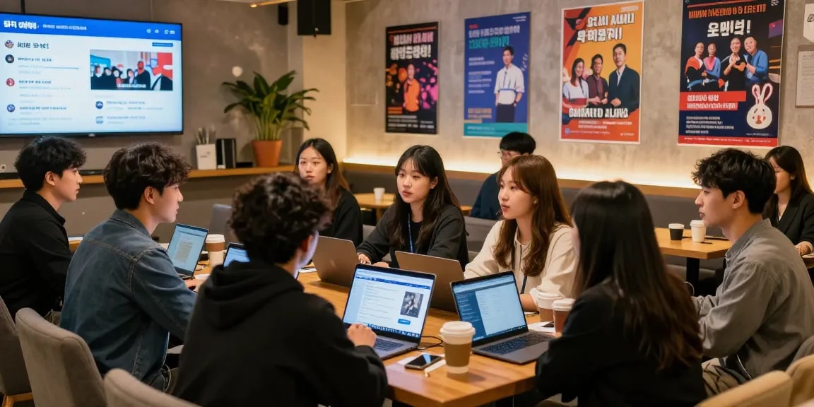 하루이야기와 함께하는 강남 커뮤니티 모임 장면, 젊은이들이 구인 정보를 공유하는 모습