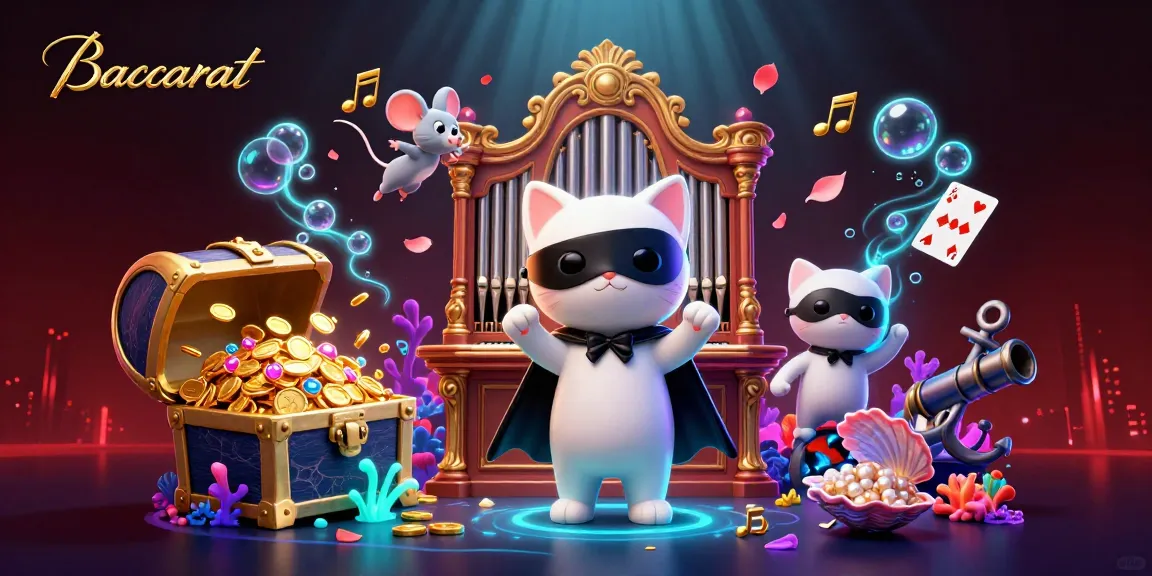 Baccarat game strategy with a whimsical 3D cat playing at a casino organ, amidst colorful treasures.