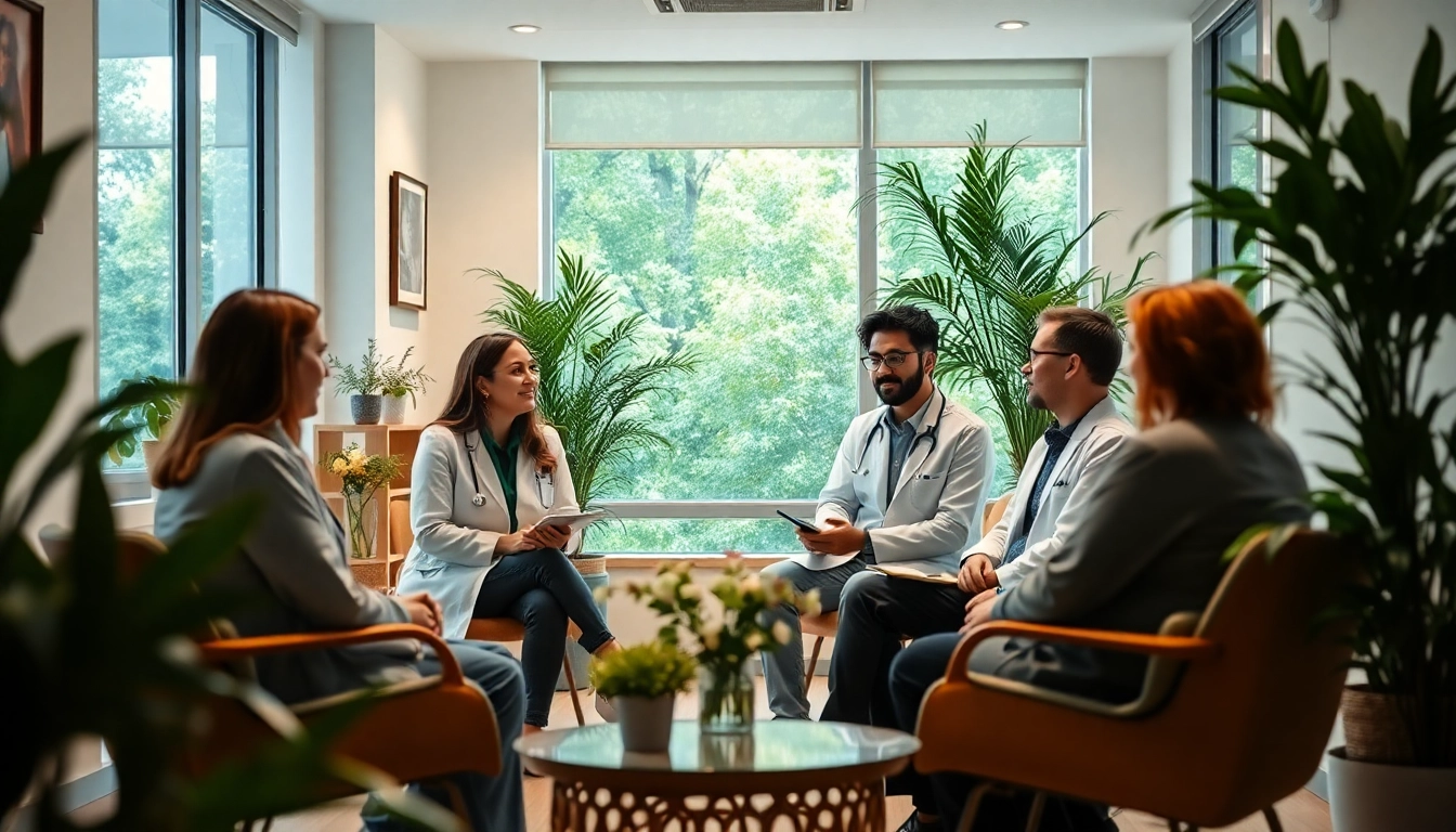 A professional team at a German psychiatric clinic India discussing mental health strategies in a soothing environment.