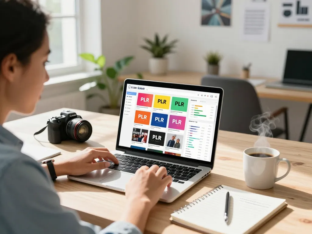 Buy PLR Products Online in a vibrant digital marketplace showcasing diverse eBooks and learning materials.