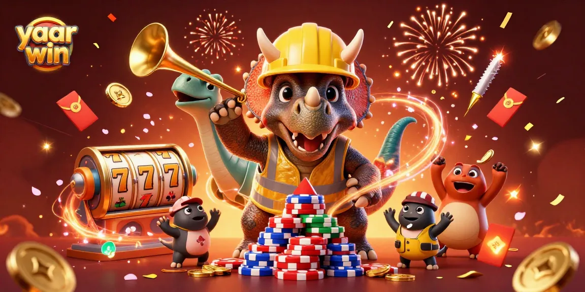 Celebrate with yaar win as a triceratops builds poker chips amidst a lively casino scene.