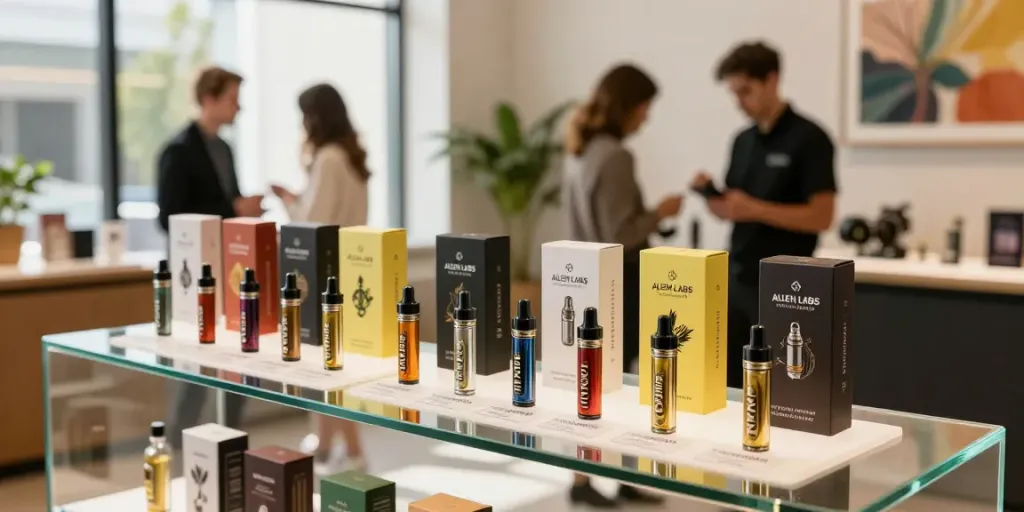 Alien Labs cart displayed in a modern cannabis retail shop, showcasing high-quality vapes.