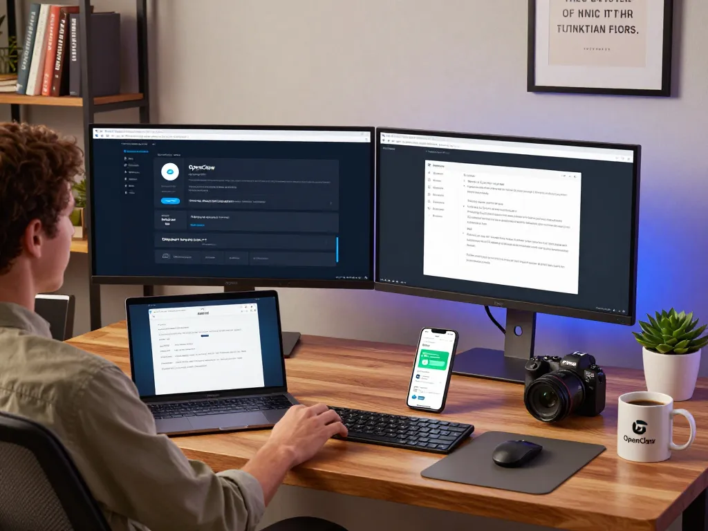 OpenClaw AI assistant setup featuring dual monitors and smartphone notifications in a modern home office.