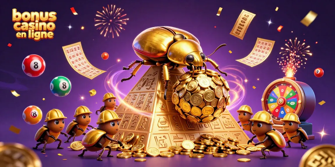 Visualiser le bonus casino en ligne avec un scarabée doré géant et des éléments de loterie animés.