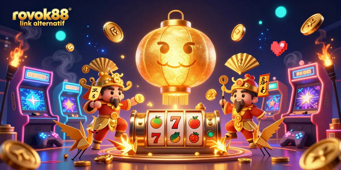Engage with rokok88 link alternatif in a vibrant casino scene featuring golden lanterns and slot games.