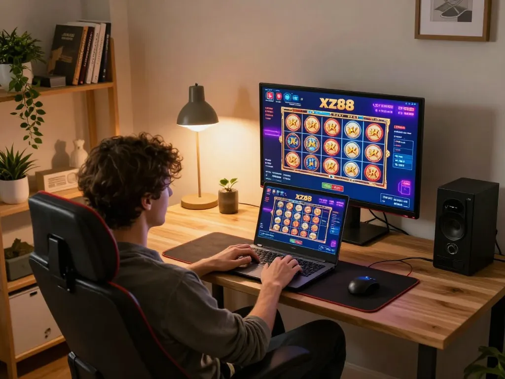 Player engaging with xz88 online casino on a laptop showcasing vibrant gaming interface in a cozy home setting.