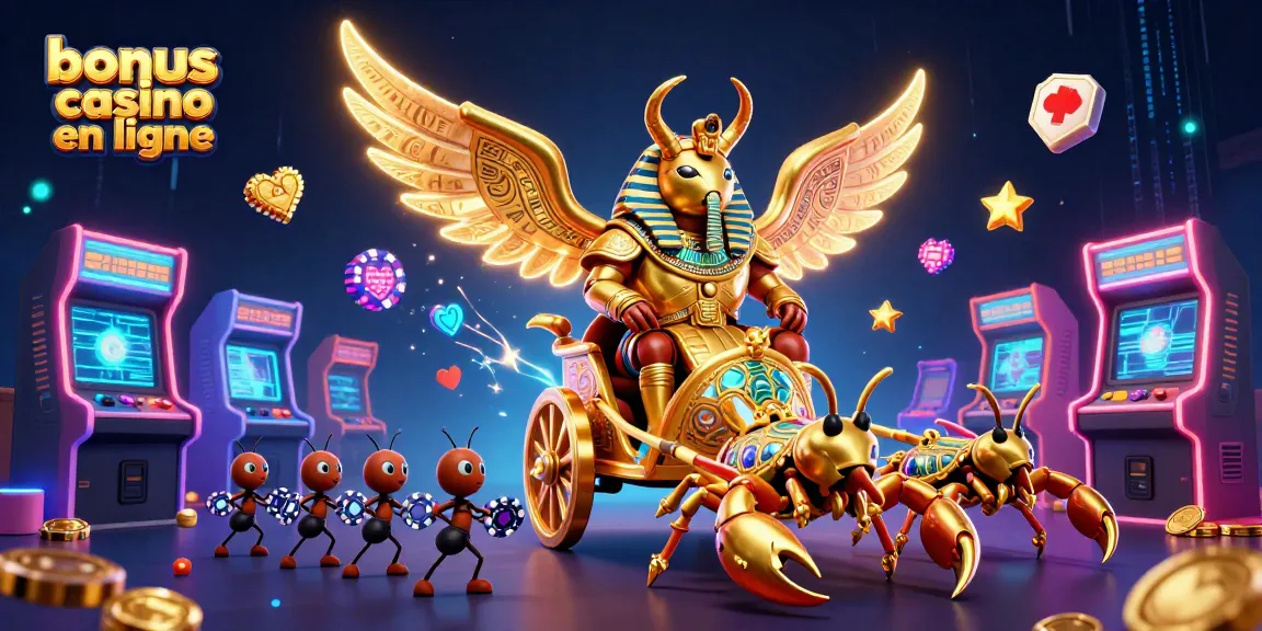 Bonus casino en ligne : illustration ludique d'un scarabée et scorpions au casino.