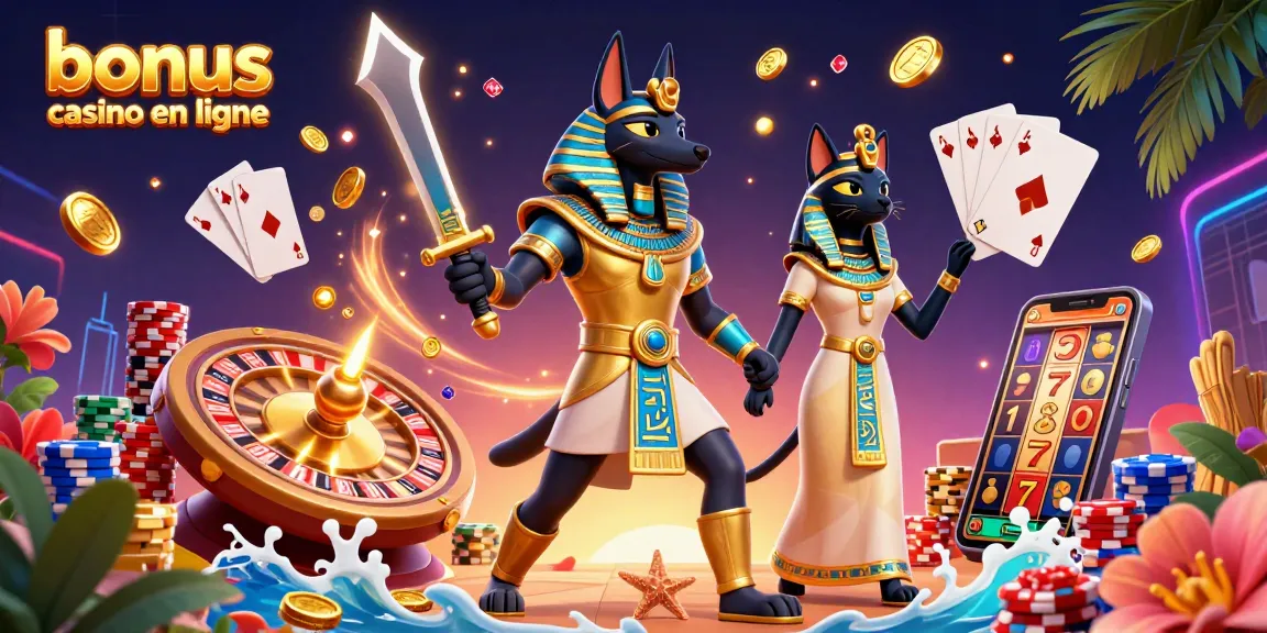 Profitez du bonus casino en ligne avec une illustration captivante d'Anubis et Bastet entourés de jackpots éclatants.
