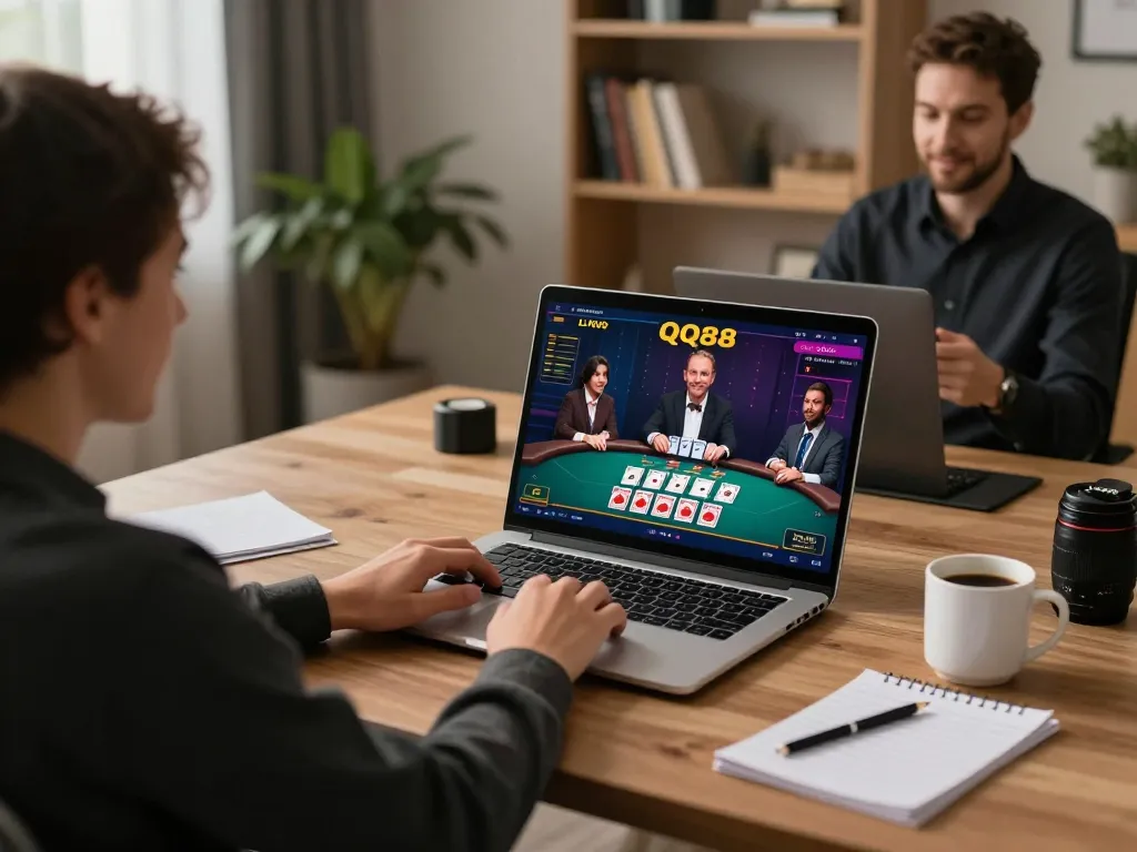Engaging online gaming experience with QQ88, showcasing a player participating in a live dealer blackjack game.