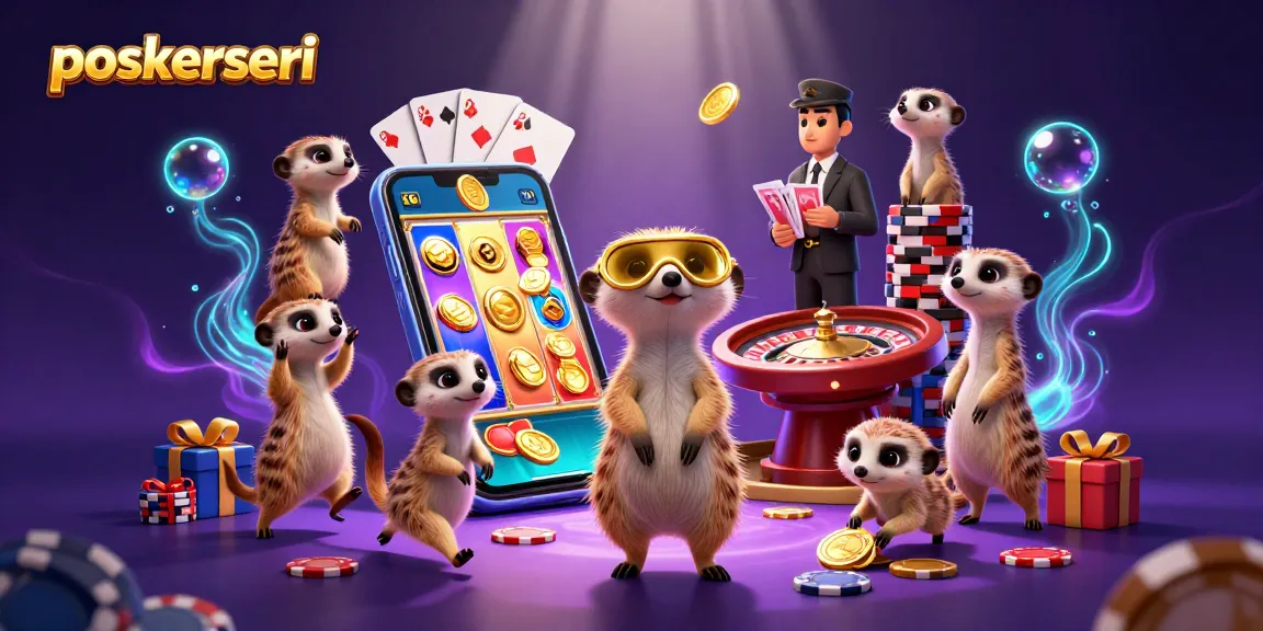 Experience the excitement at pokerseri as meerkats manage a vibrant casino scene filled with games and golden coins.