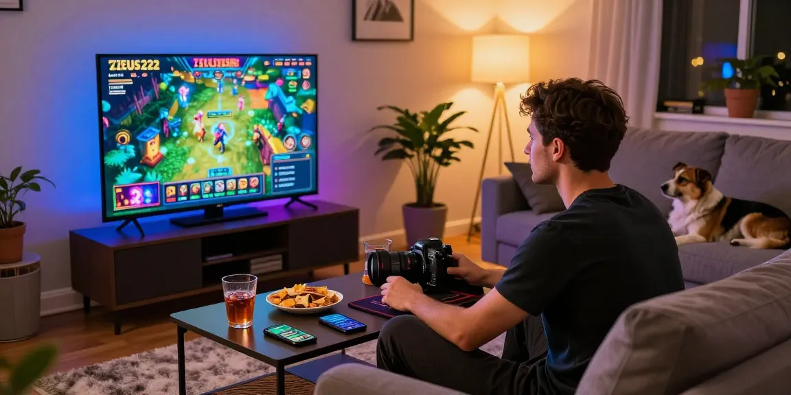Gamer enjoying slot88 on ZEUS222 in a cozy living room.