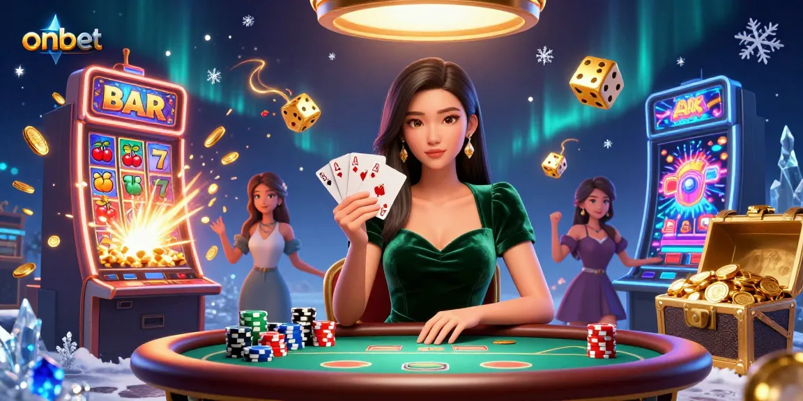 Experience thrilling gaming with onbet at a luxurious poker table, surrounded by winning elements.