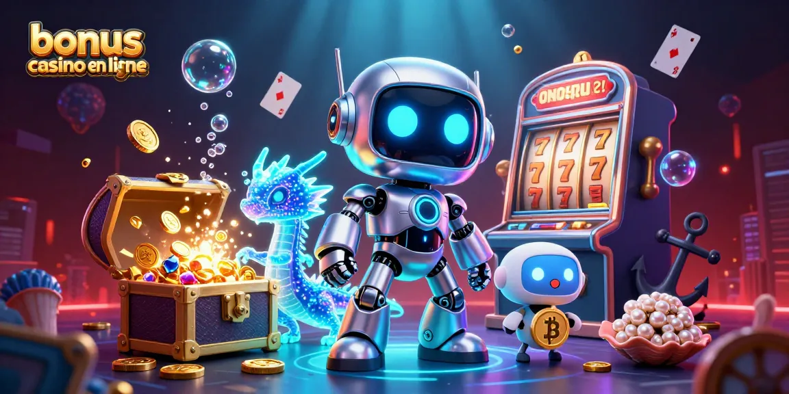 Bonus casino en ligne : mascotte robotique et dragon holographique illuminés avec trésors sous-marins.