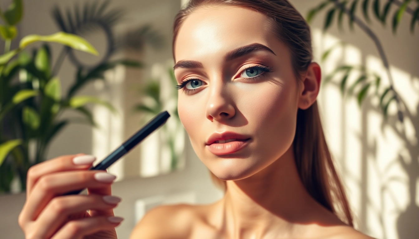 Model using eyebrow pen for perfectly defined brows in a bright bathroom setting.