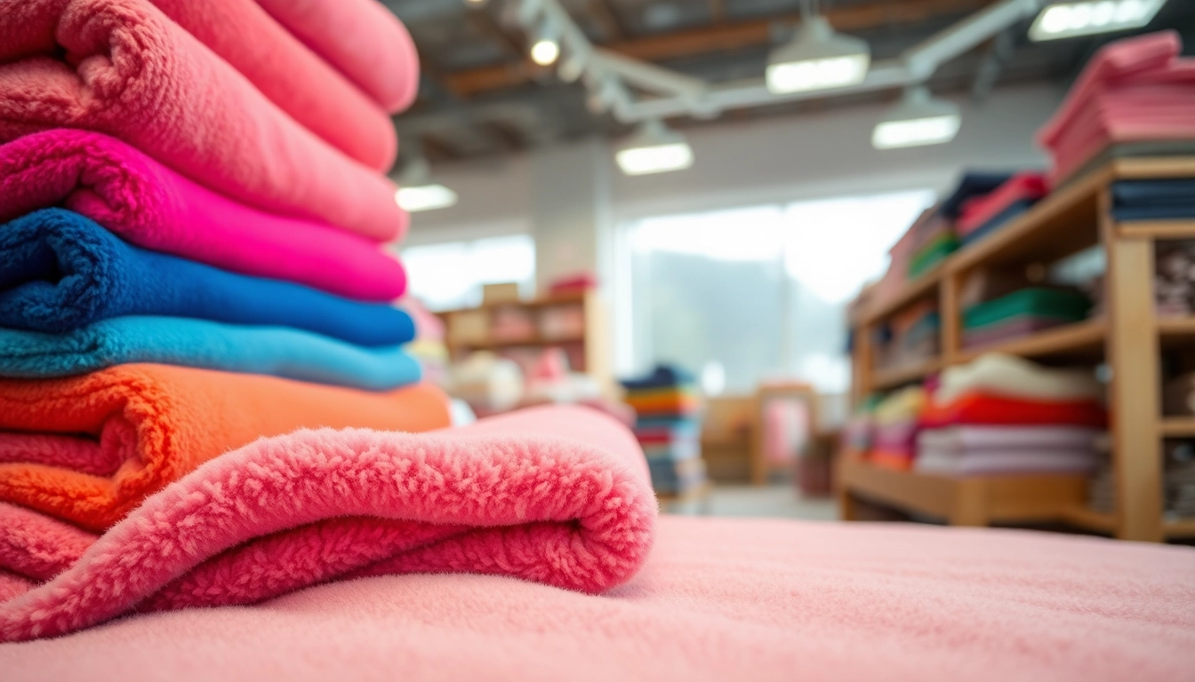 Koop fleece stof per meter met diverse kleuren en texturen in een sfeervolle stofwinkel.