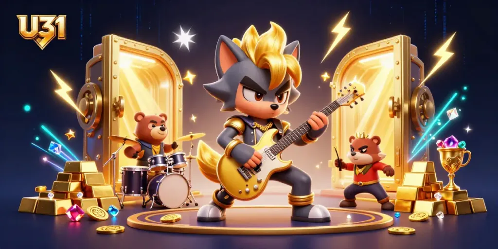 U31 illustrates an exciting casino adventure, showcasing a rock star and treasure amidst electric energy.