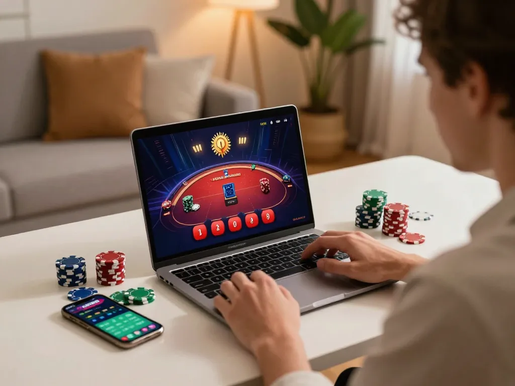 Engaged in online gambling at 123b with vibrant interface and poker chips.