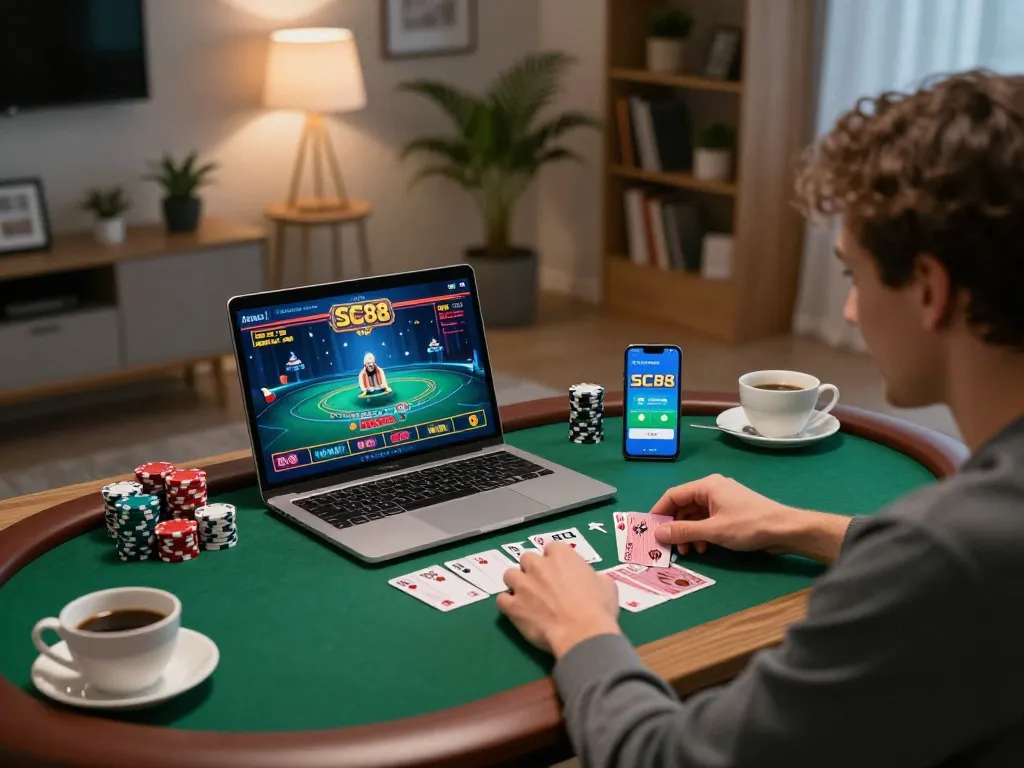 Engaging SC88 online casino gameplay on a cozy home gaming setup