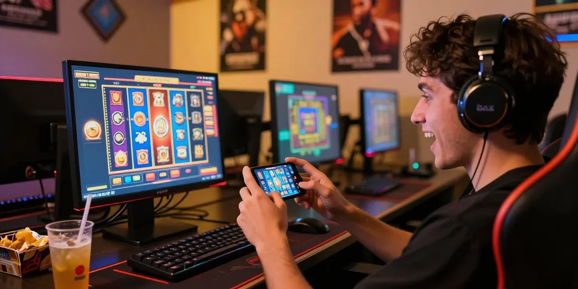 Immersive slot deposit 1k gaming scene with player on smartphone, colorful slot icons, cozy ambiance.