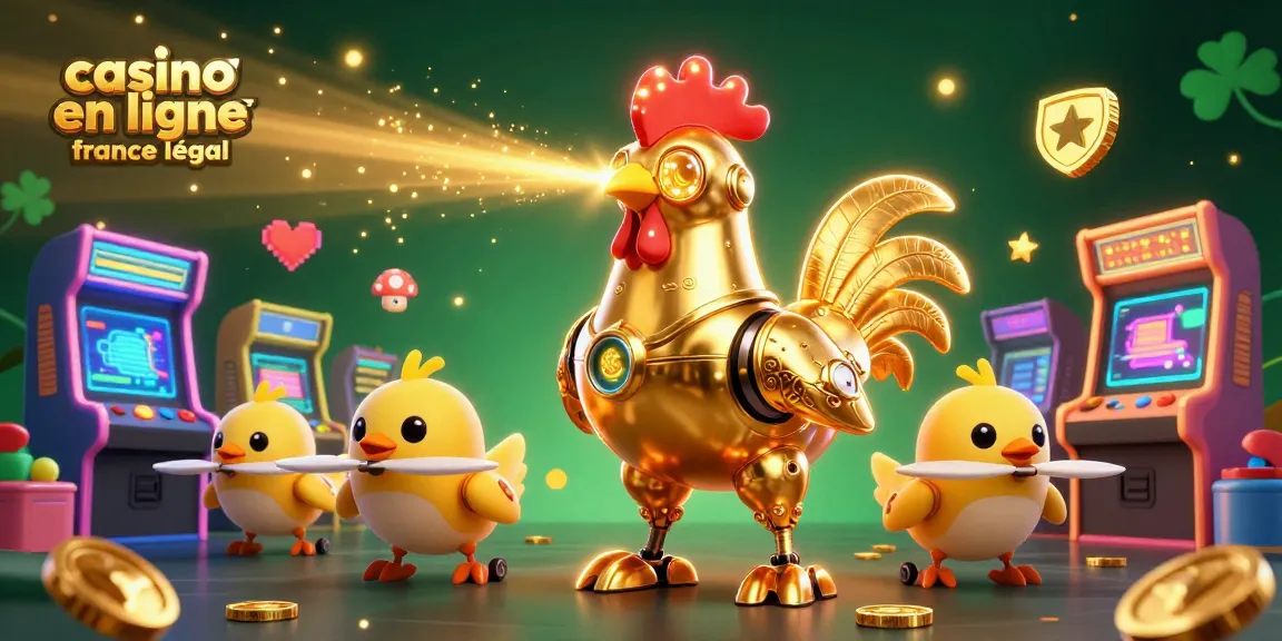 Illustration dynamique de casino en ligne France légal mettant en scène un robot coq doré et des drones poussins.