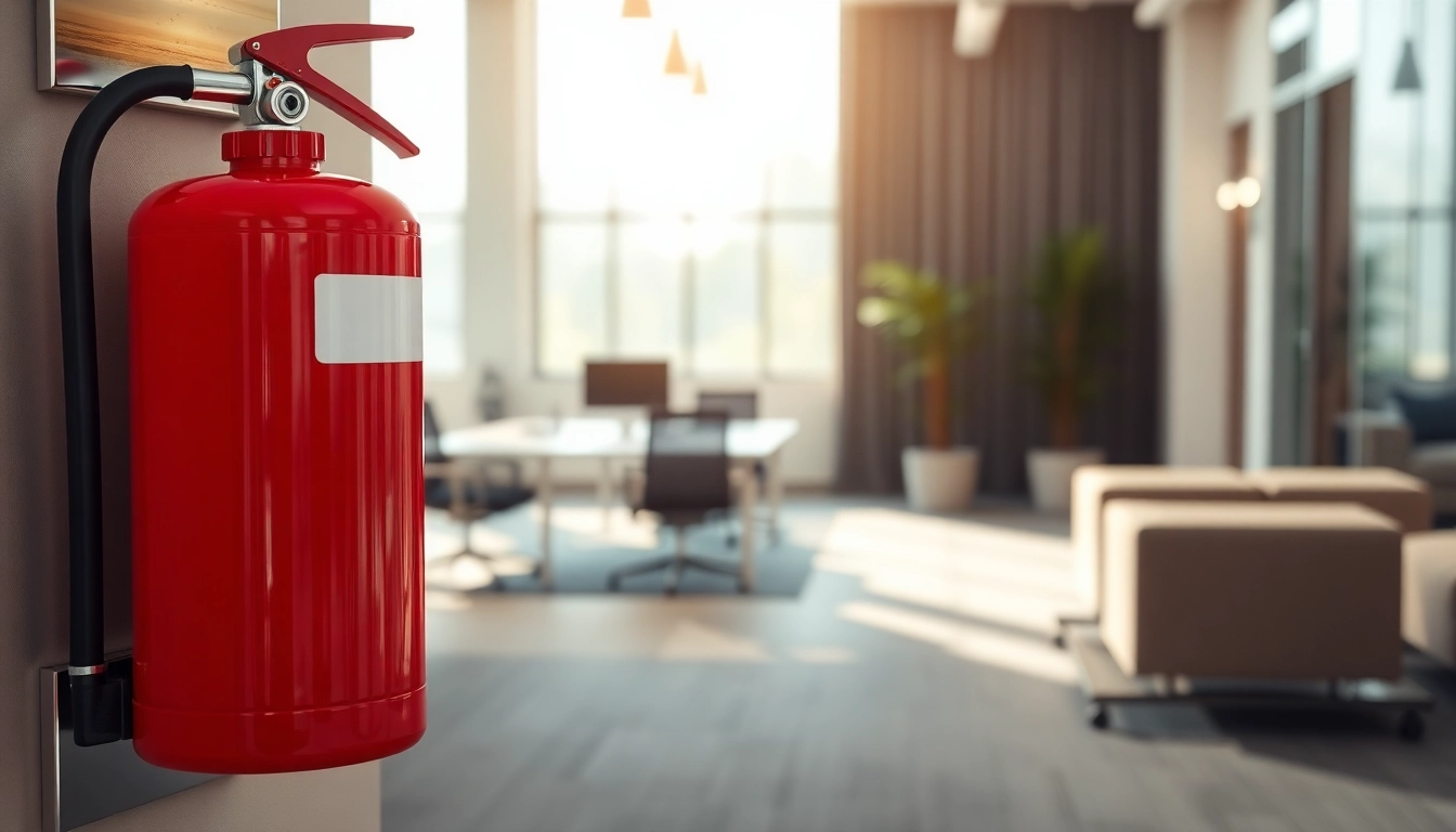 Showcasing a pass fire extinguisher prominently displayed in a modern office environment.