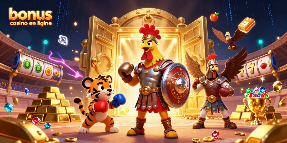 Bonus casino en ligne : un rooster gladiateur et un tigre cub dans une illustration de casino vibrant