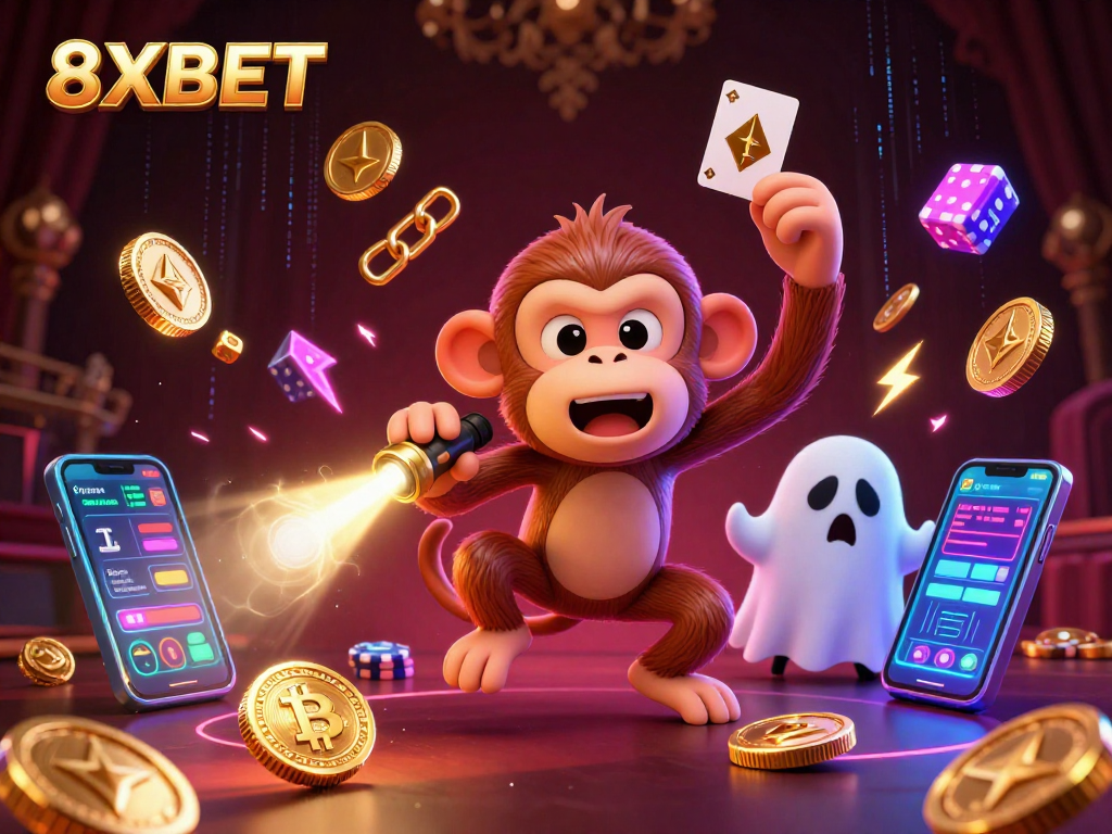 Engage with 8XBET's thrilling casino experience as a mischievous monkey juggles coins in a haunted setting.