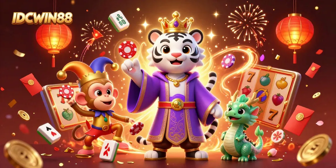 Experience the excitement of IDCWIN88 with a vibrant 3D casino scene featuring colorful slot reels and lively characters.
