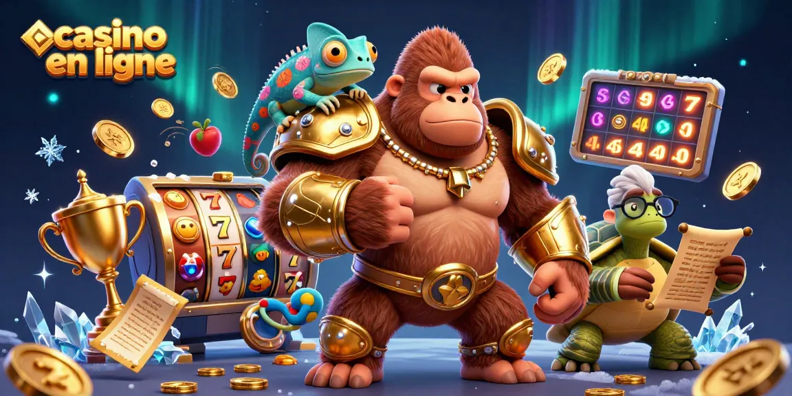 Profitez des jeux de casino en ligne avec un gorille en armure d'or et un caméléon dans un scénario dynamique.