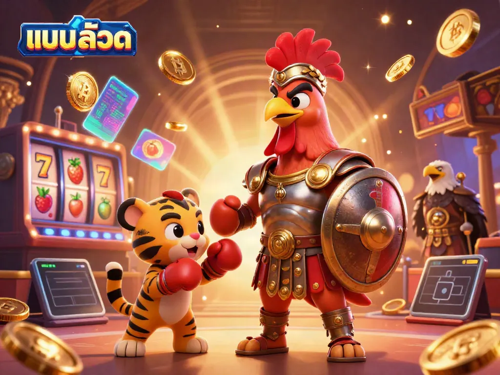 Play the latest แบบสล็อต in an exciting 3D casino scene featuring dynamic characters and vibrant slot elements.