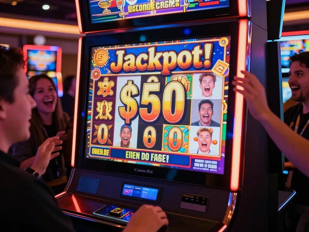 Players celebrating a jackpot win on a slot machine after a $50 bet in a lively casino environment.