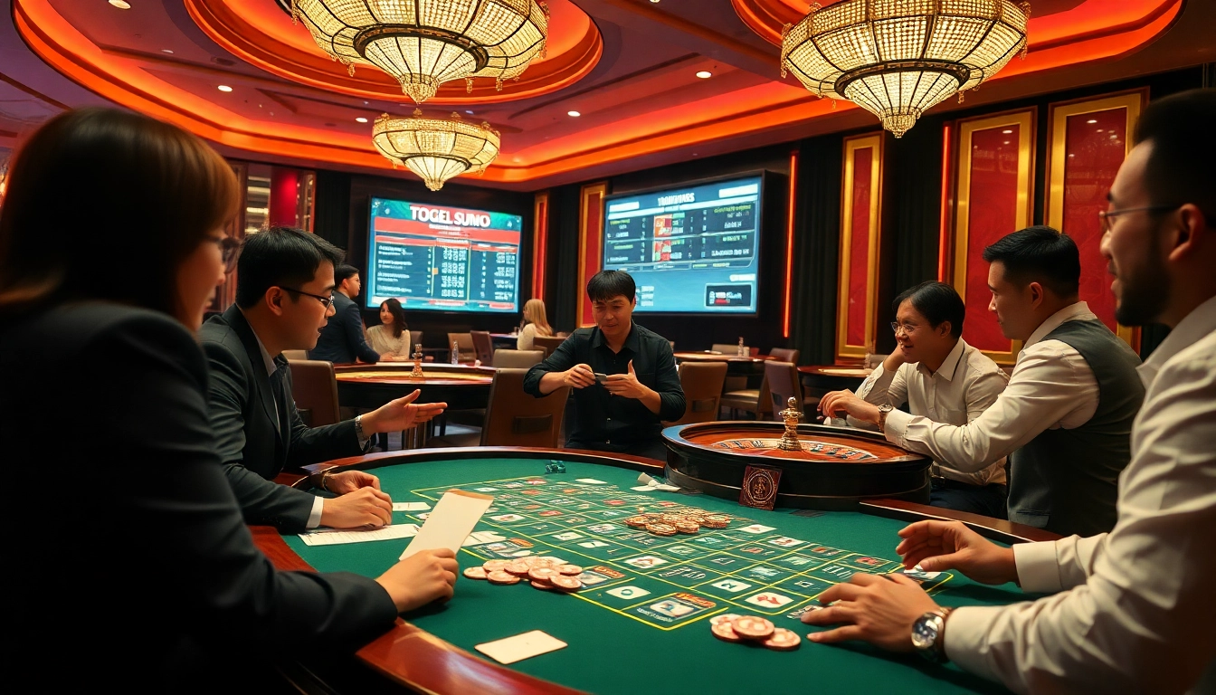 Berinteraksi dengan togel sumo di meja kasino yang menarik dengan slip taruhan dan chip berwarna-warni.