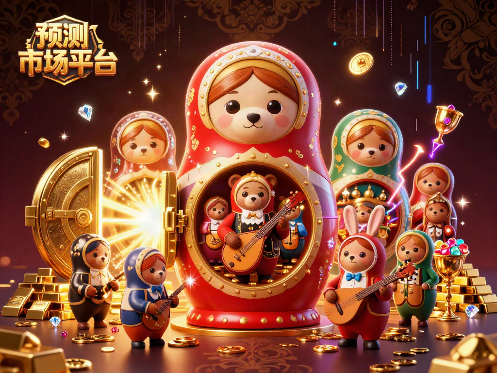 Engage with 预测市场平台 through vibrant 3D illustration featuring casino-themed bears and treasures.