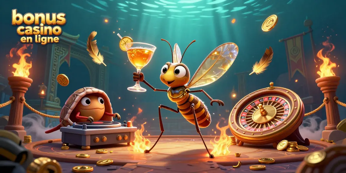 Découvrez les bonus casino en ligne dans une scène dynamique illustrant un moustique mascotte et un DJ trilobite.