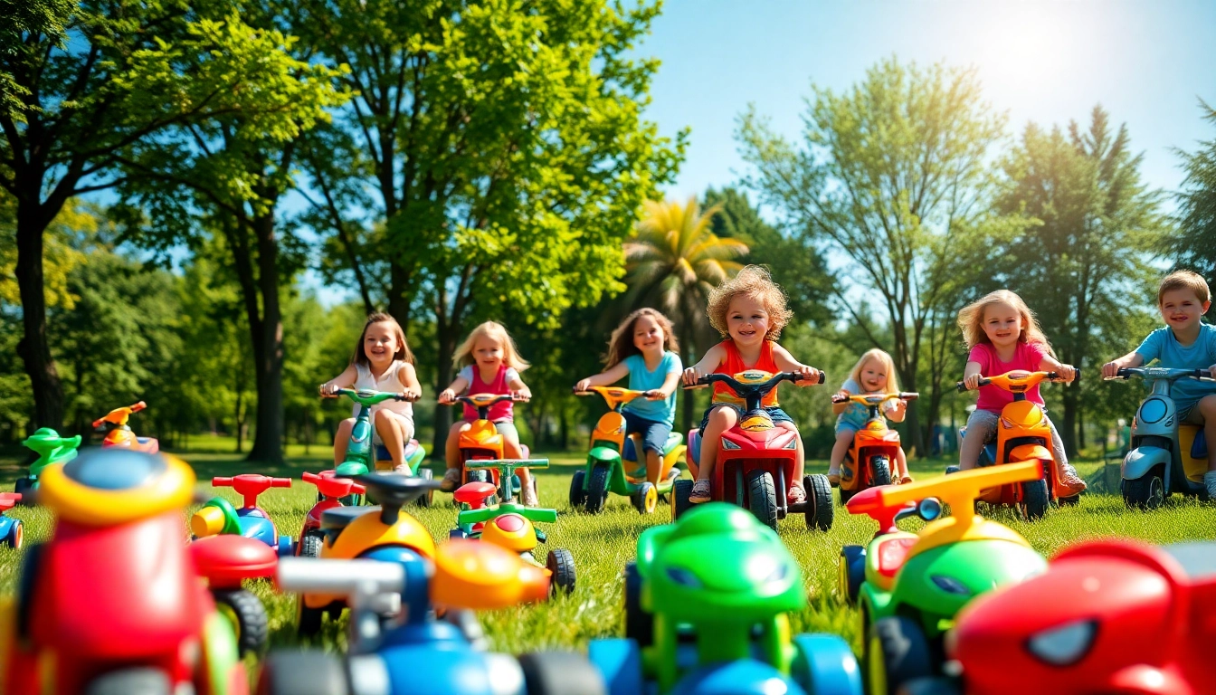 Children enjoying various ride on toys in a sunny park setting.
