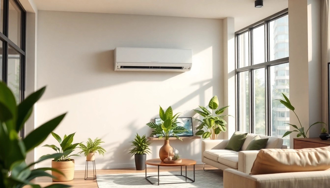 Install a mitsubishi mini split ac unit in a modern living room with sleek design and natural light.