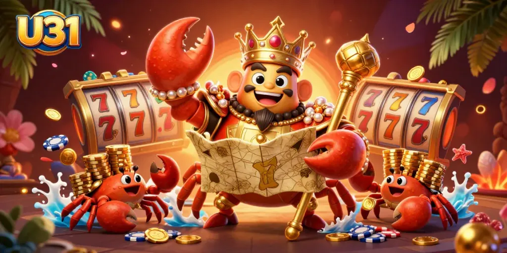 Spin and win with U31's golden crab emperor in a vibrant casino scene filled with luck.