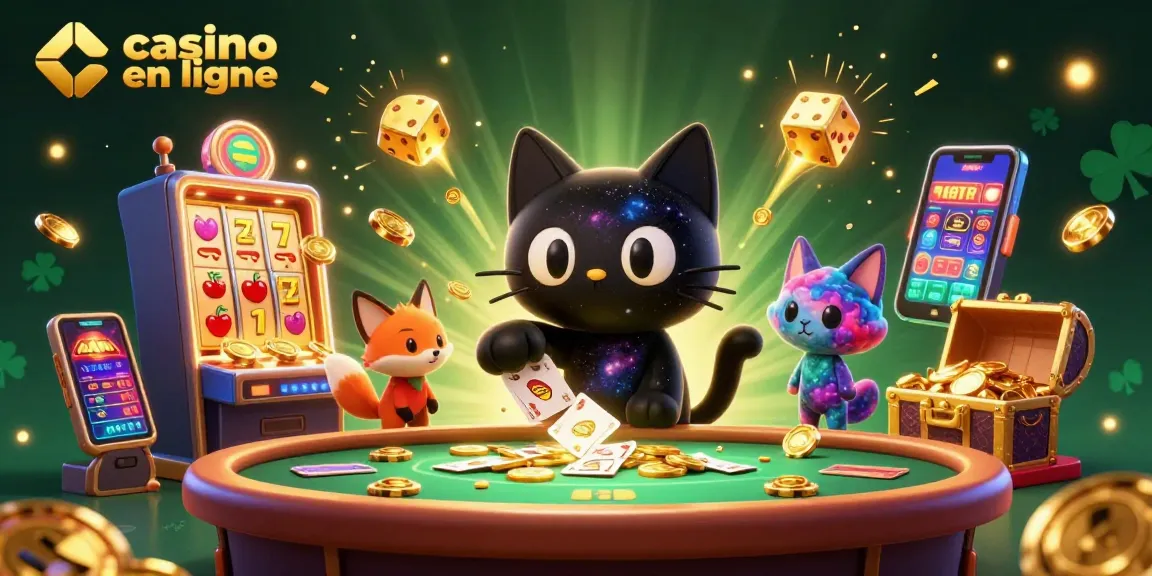 Un chat noir de casino en ligne et un renard nébuleux célébrant des gains avec des jetons d'or et des machines à sous.