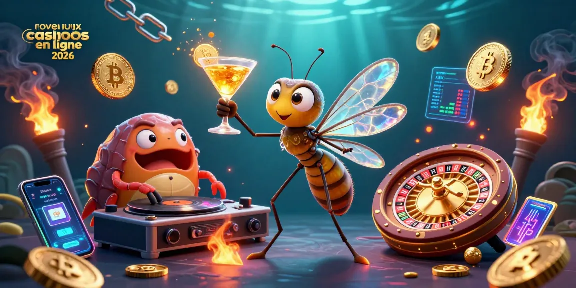 Illustration montrant un nouveau casino en ligne 2026 avec un moustique mascotte et un DJ trilobite.