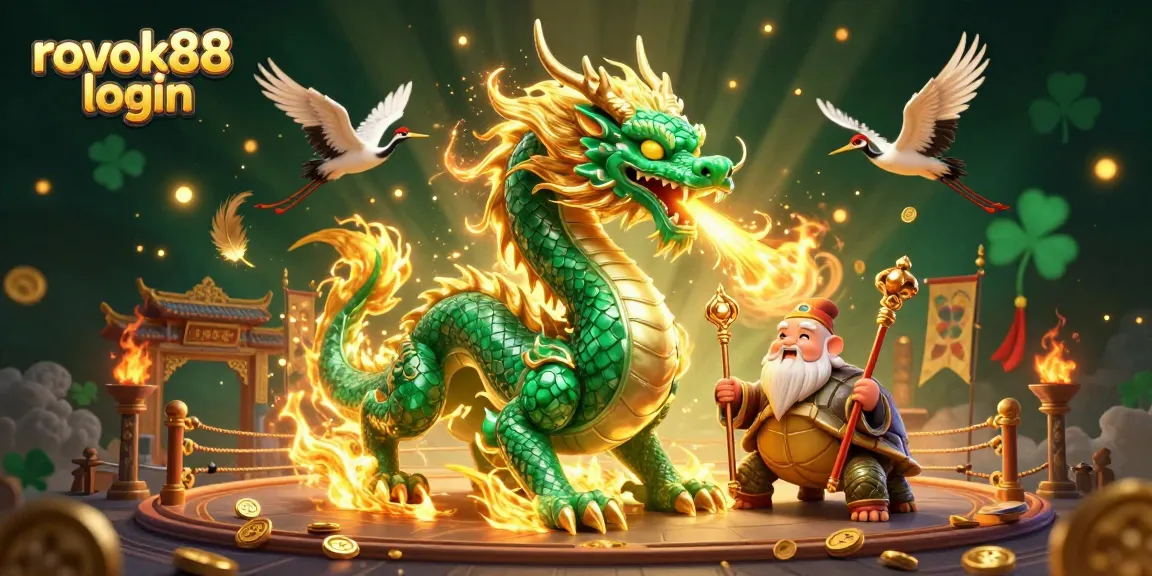 Experience the excitement of rokok88 login with a dazzling dragon, wise sage, and flying cranes amidst a vibrant casino scene.