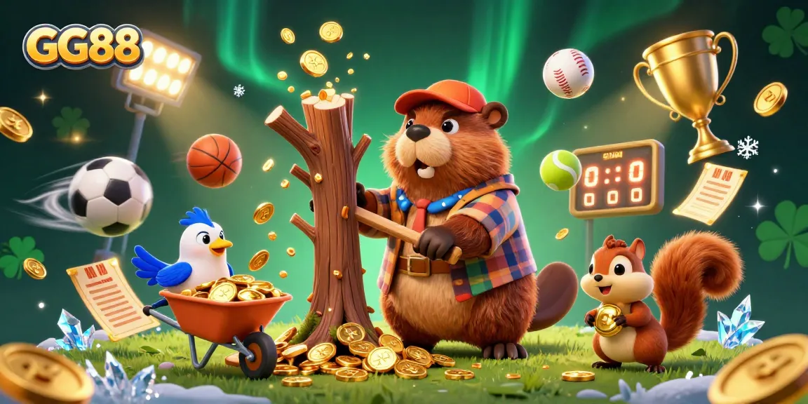 Experience the thrill of GG88 with lively characters in a dynamic casino scene full of gold and sports elements.