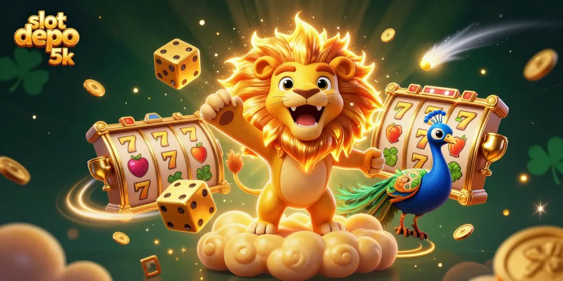 Experience thrilling slot depo 5k gameplay with golden slots, a roaring lion, and vibrant casino elements