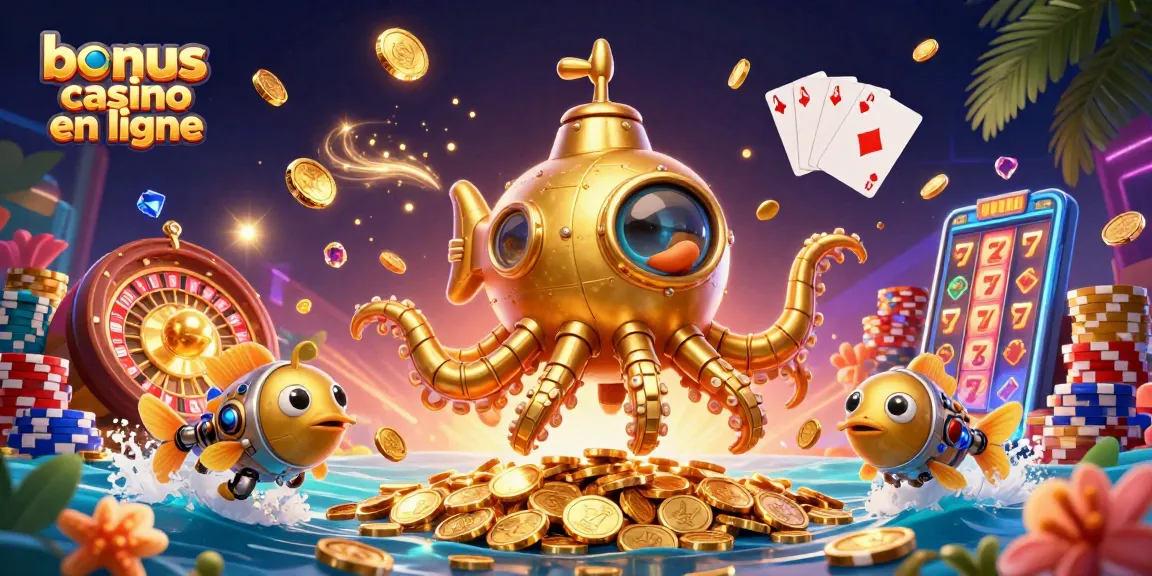 Bonus casino en ligne : une illustration dynamique d'une aventure sous-marine avec des pièces d'or et des jeux de casino.