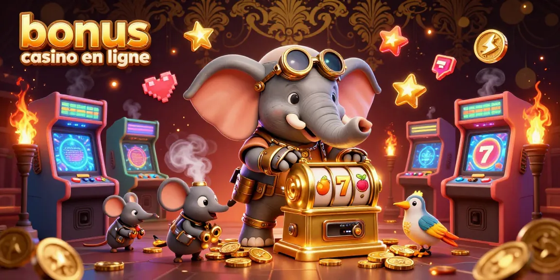 Profitez des bonus casino en ligne avec un éléphant ingénieur steampunk entouré de machines de jeu colorées.