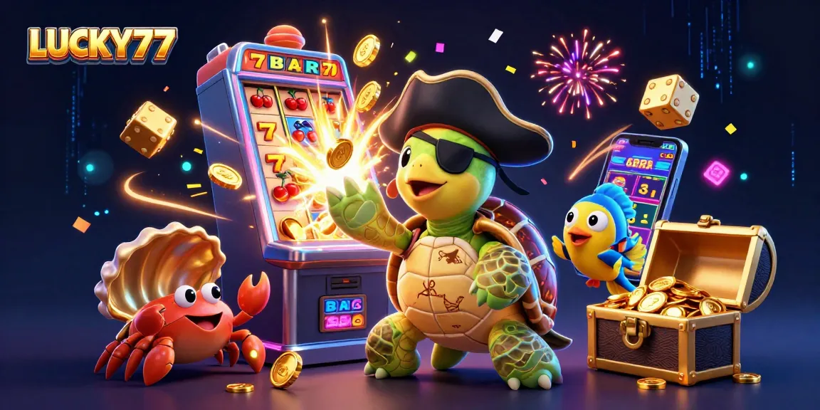 Spin to win with LUCKY77 as a pirate turtle, hermit crab, and parrotfish chase jackpot treasures!