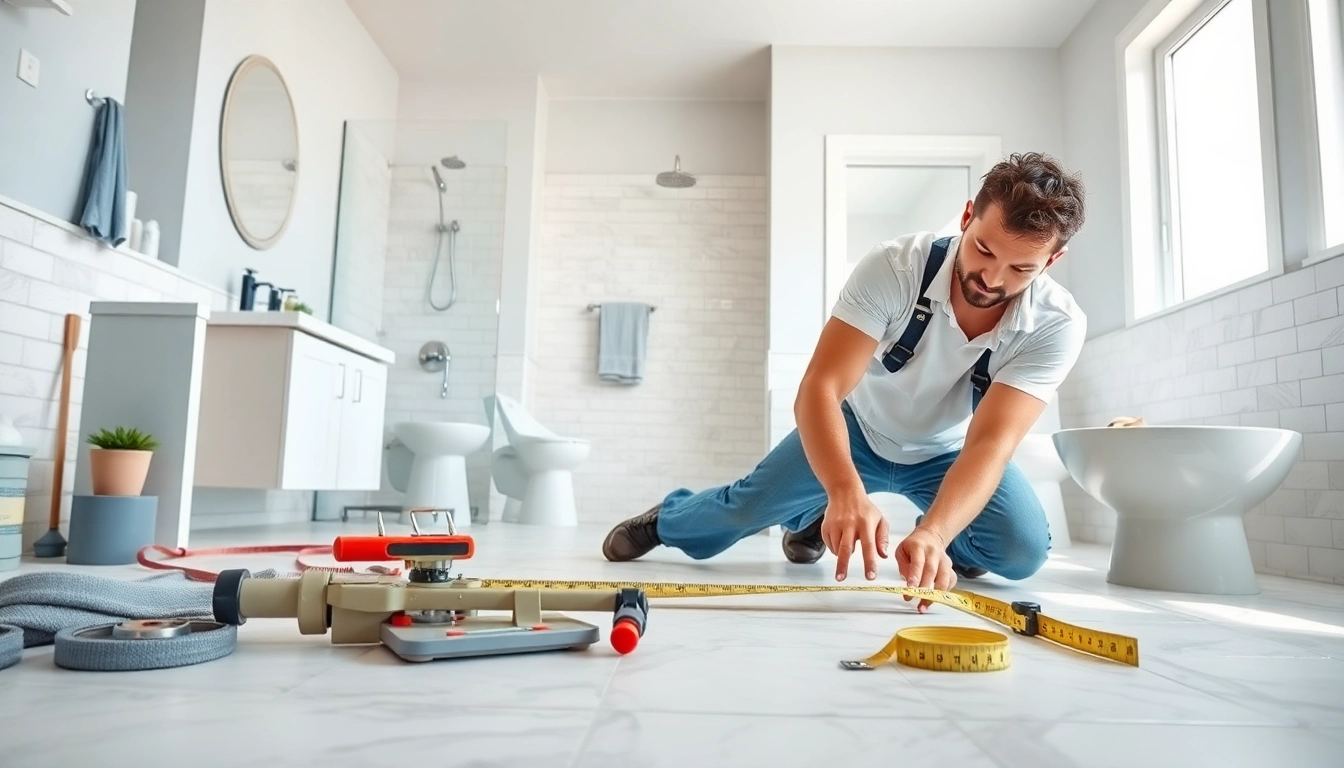 Bathroom contractors near me working on a modern bathroom renovation project.