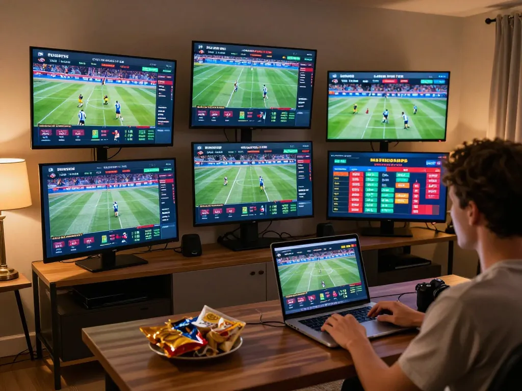 Placing bets on kèo nhà cái online from a cozy home setup, with live sports displayed on multiple screens.