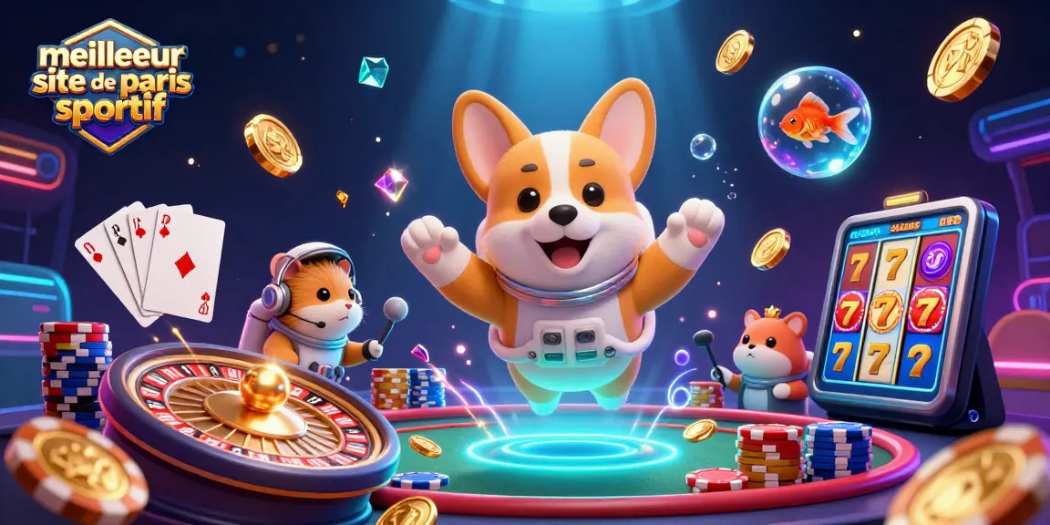 Illustration dynamique représentant le meilleur site de paris sportif, avec un corgi astronaute et des jeux de casino.