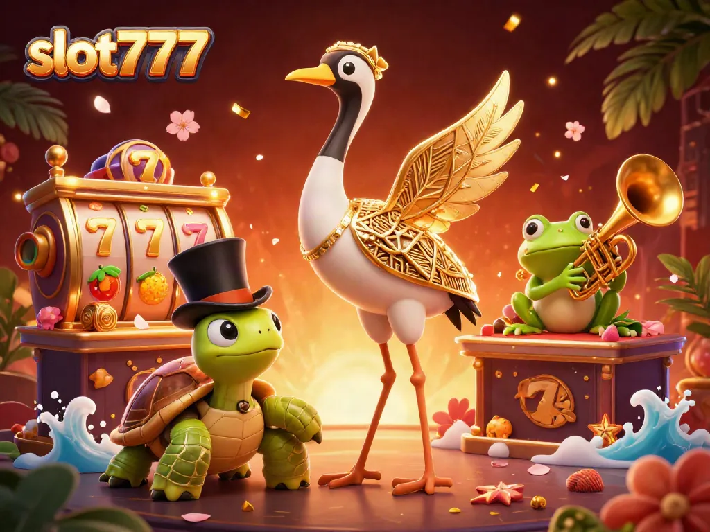 Putaran beruntun slot777 dengan simbol keberuntungan di sekitar karakter hewan dalam suasana kasino yang menyenangkan.